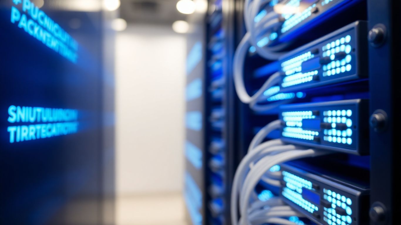 Server rack with glowing blue lights and organized cables.