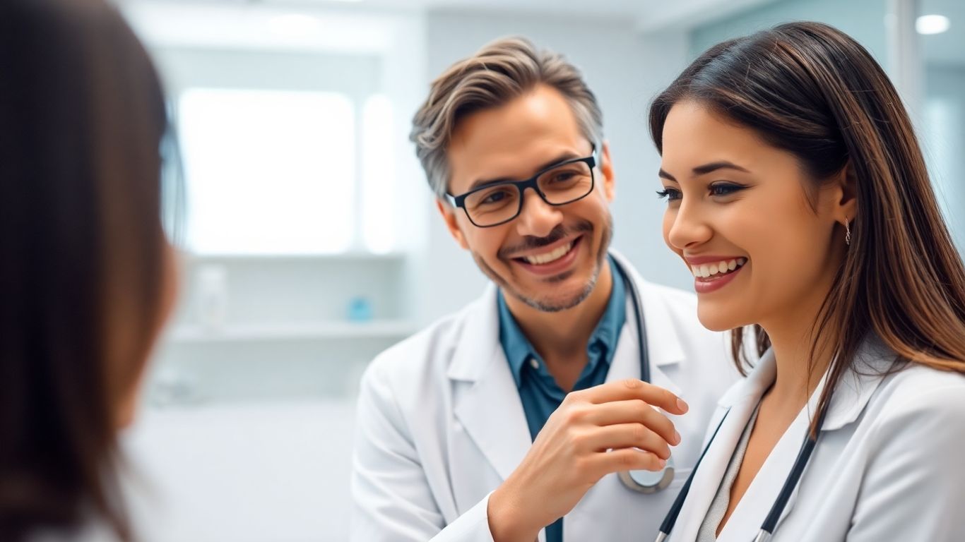 Medicul examinează un pacient zâmbitor în clinică.