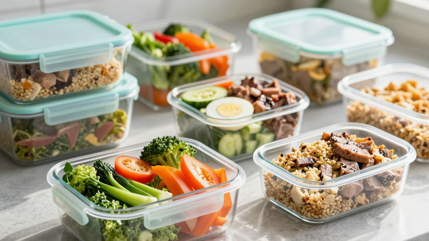 Healthy meal prep bowls and salads with fresh ingredients.