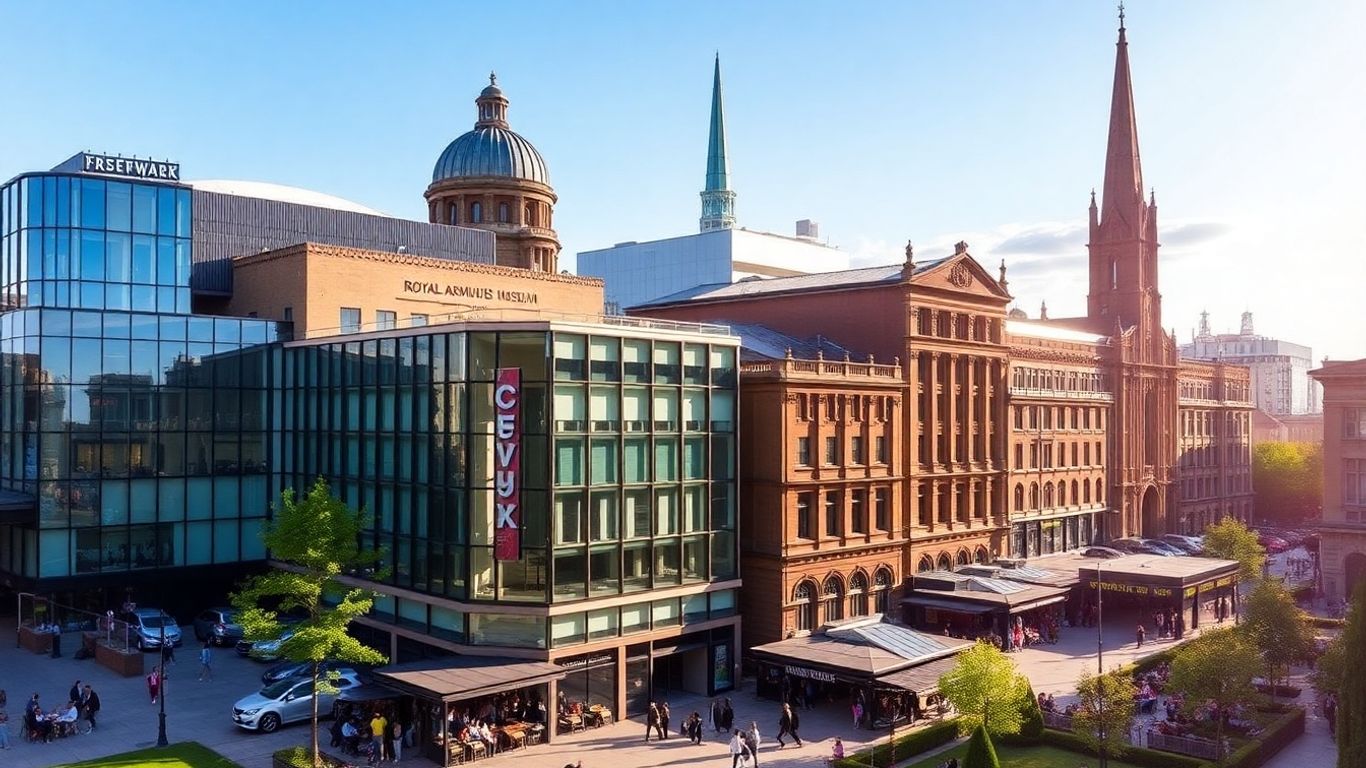 Leeds cityscape with landmarks and people.