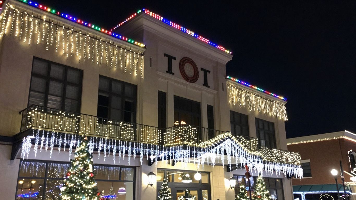 Commercial building decorated with Christmas lights in O'Fallon, MO.