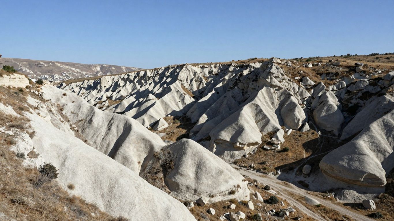 Paisagem calcária com falésias brancas e vegetação escassa.