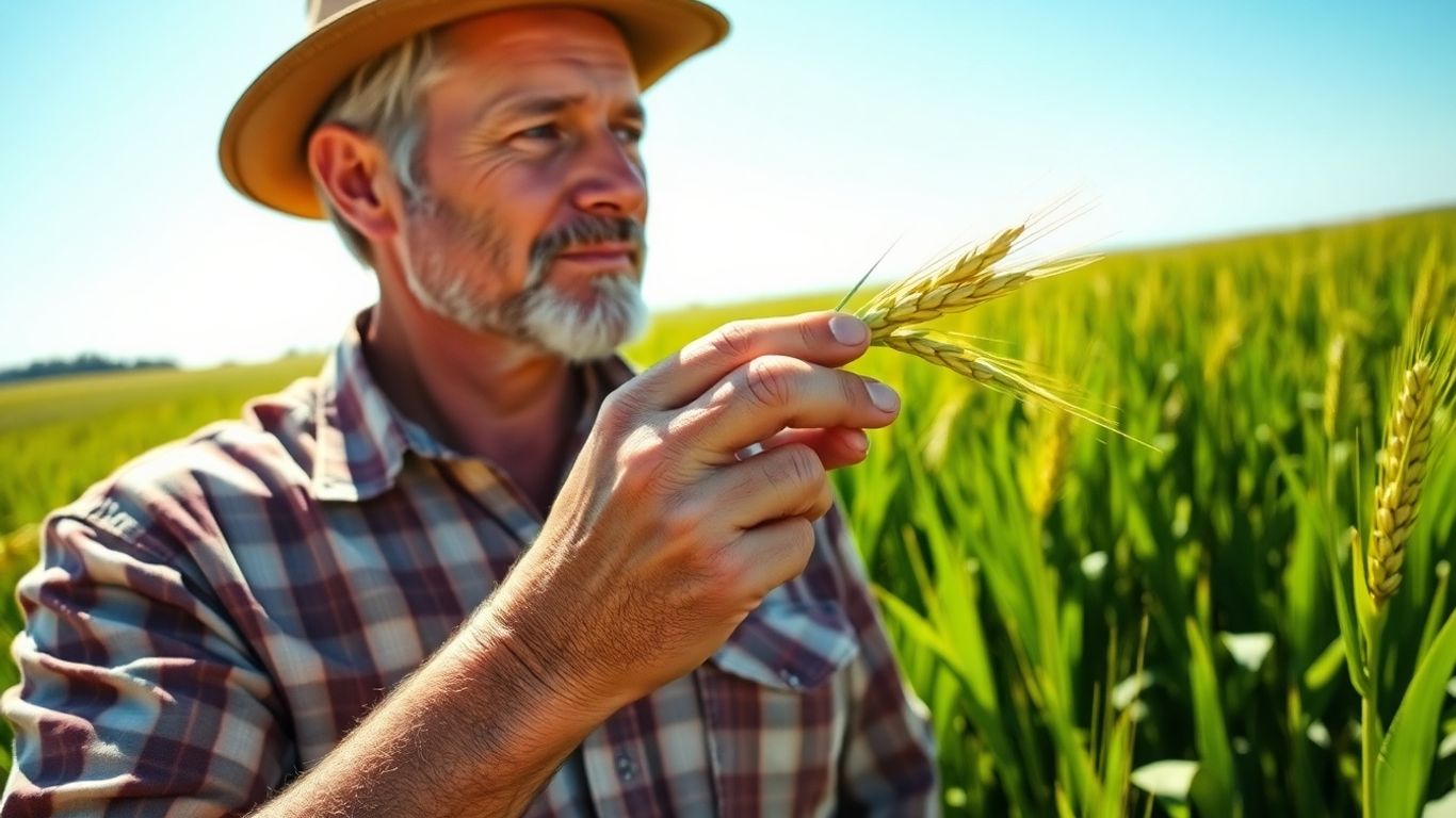 Câmp agricol productiv cu fermier fericit.