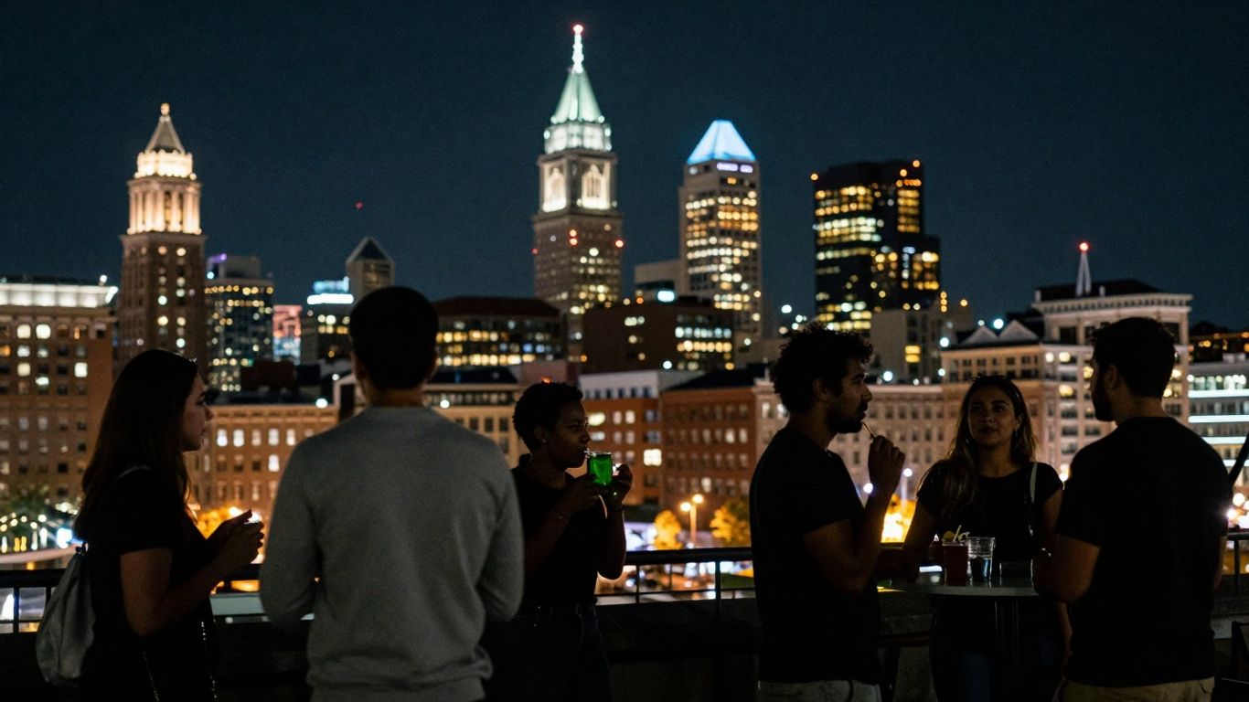 Philadelphia cityscape at night with people