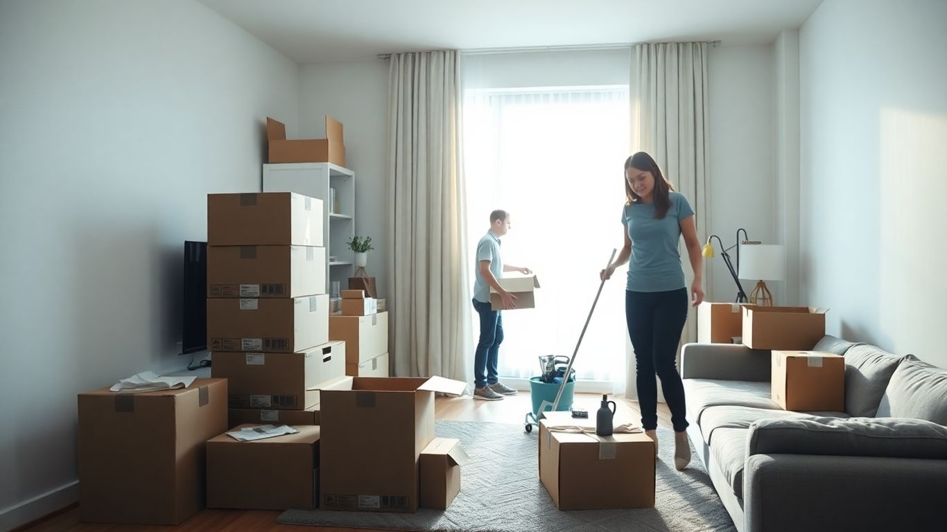 Happy couple decluttering flat before professional cleaning