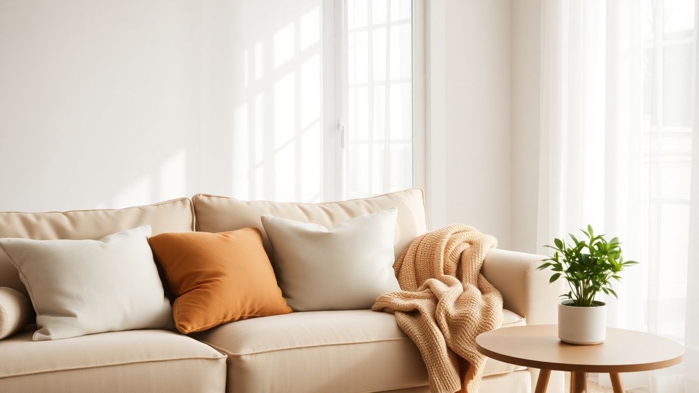 Serene living room with plush cushions and natural light.