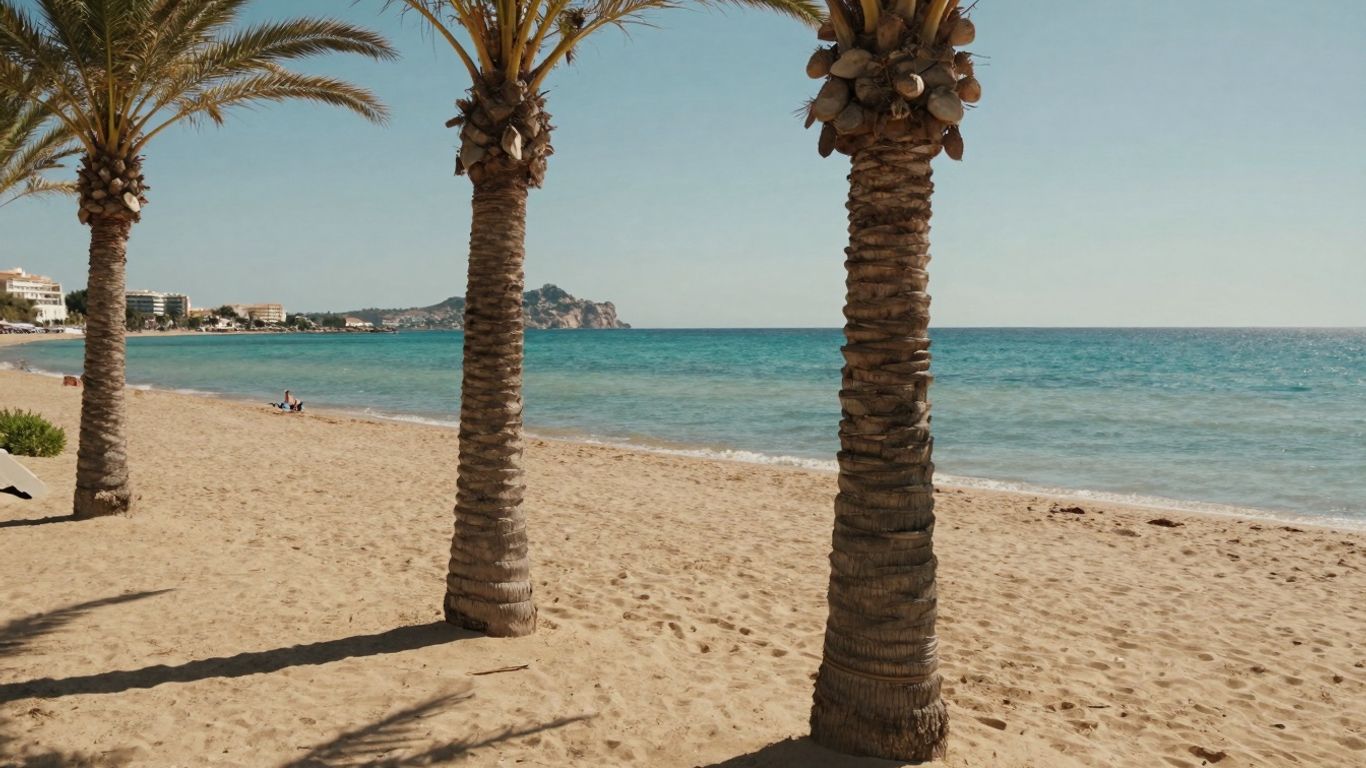 Ibiza beach with turquoise water and golden sand.