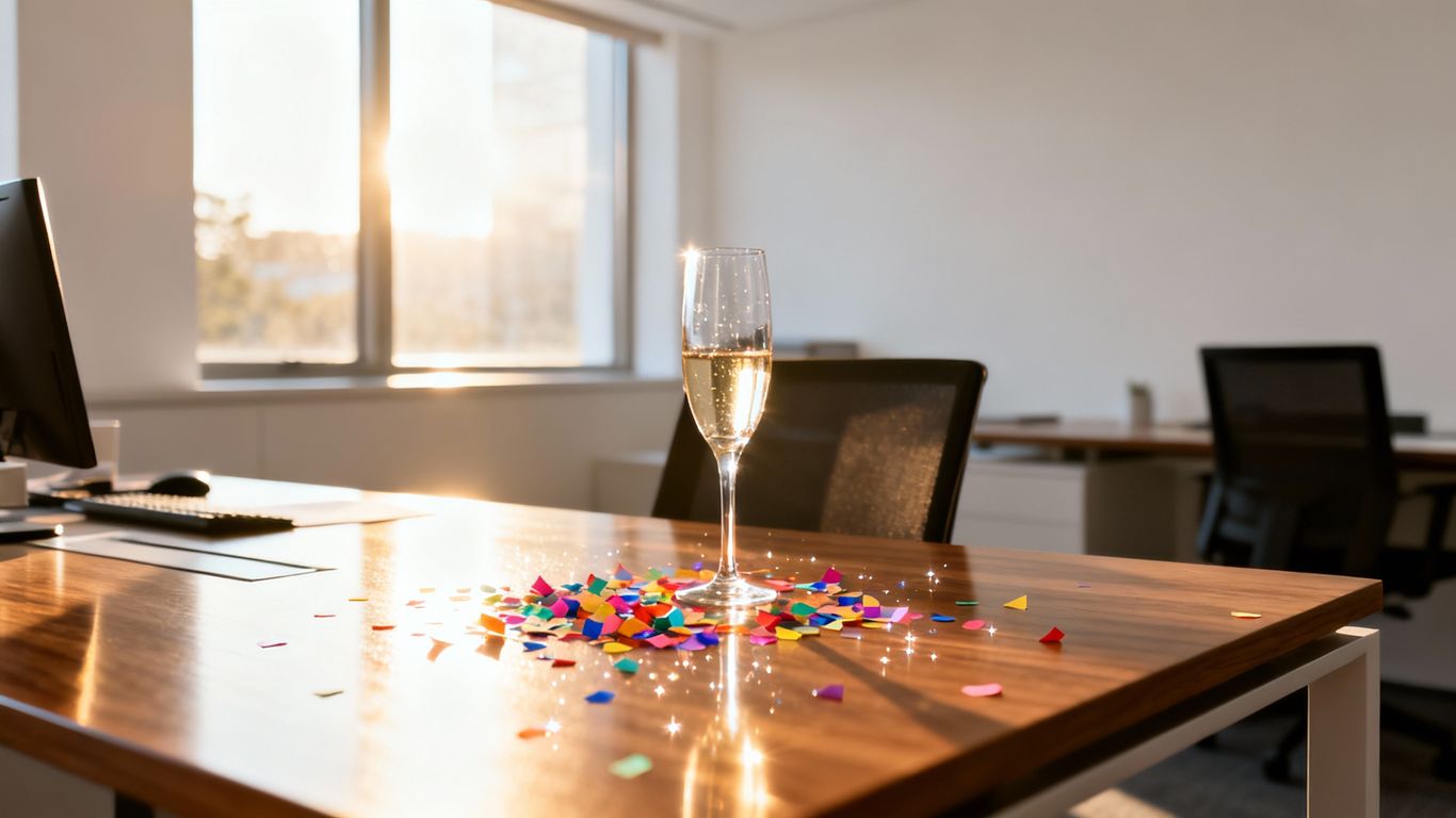 Uprataná kancelária po firemnom večierku pripravená na ráno.