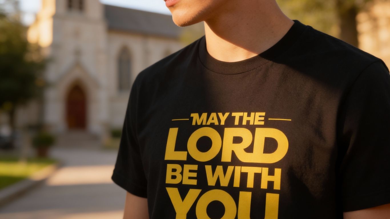 Person wearing a shirt with religious message, church in background.