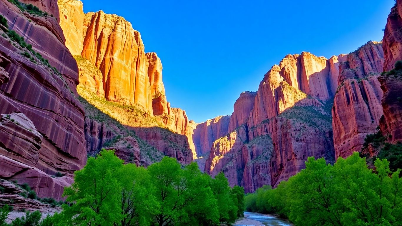 Towering sandstone cliffs and river in Zion National Park.