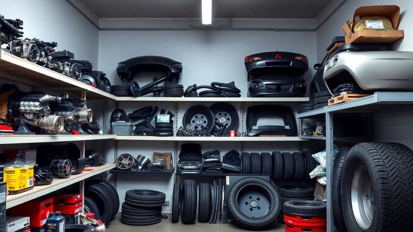 Mitsubishi car parts organized in a garage