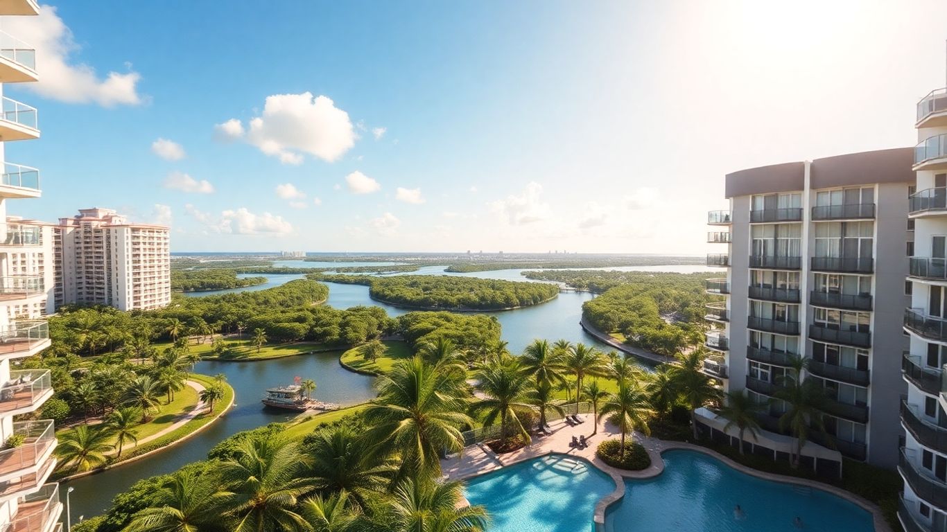 Aventura Florida rentals with pools and palm trees.