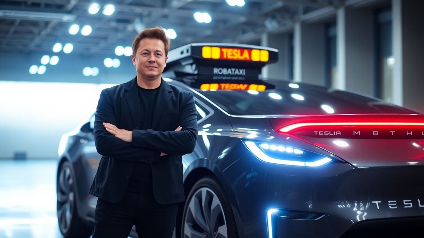 Elon Musk with a futuristic Tesla robotaxi.