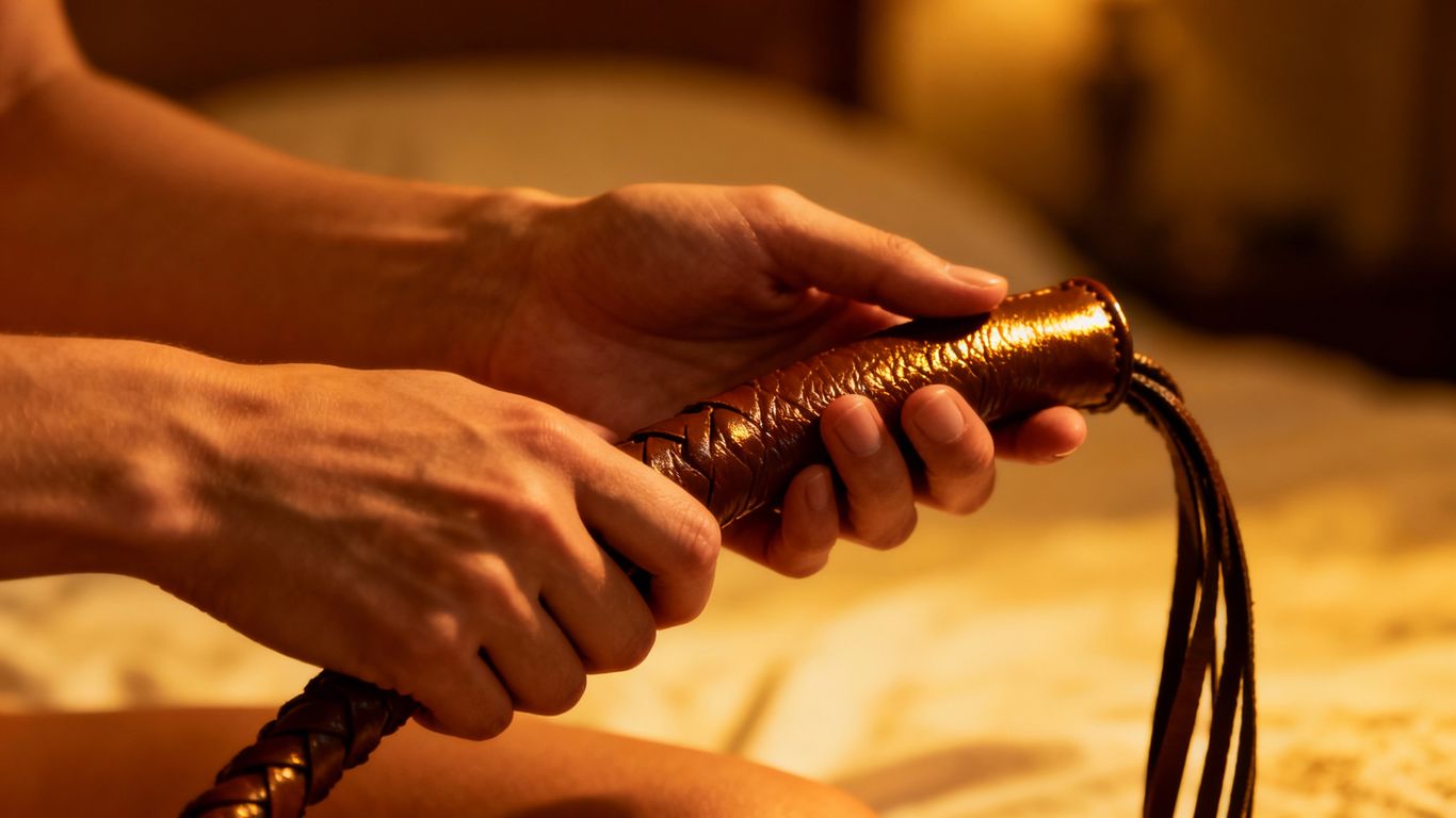 Hands holding a leather riding crop in a bedroom.