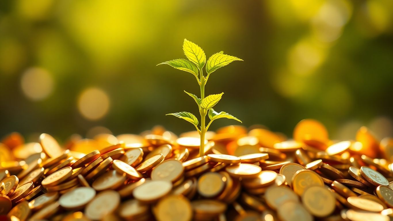 Cum alegi investițiile verzi cu cel mai mare potențial de randament în 2025 1 Copac verde crescând din monede de aur, simbolizând investiții profitabile.