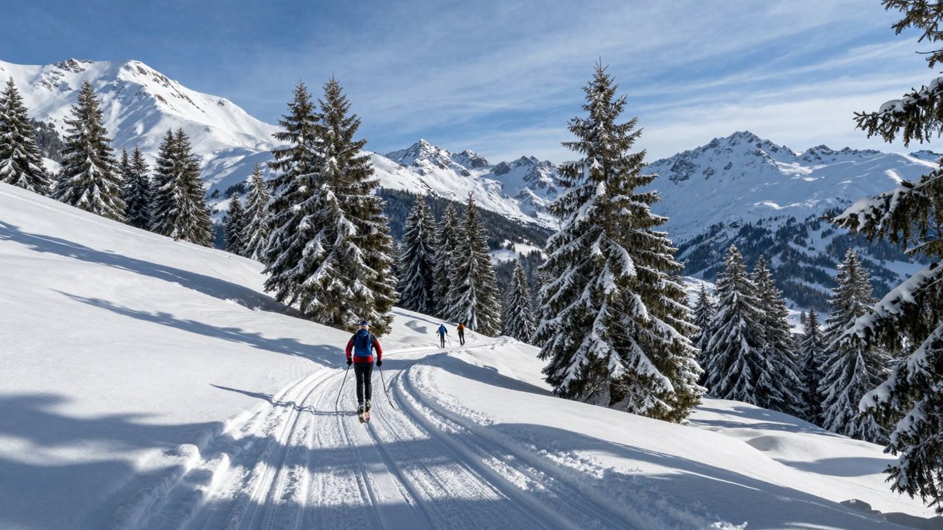 Snowy mountain landscape with cross-country ski trail in Ramsau, Austria.