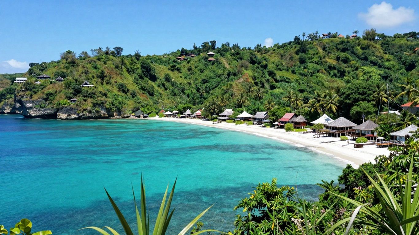 Nusa Tenggara Timur coastline with traditional houses and clear blue water.