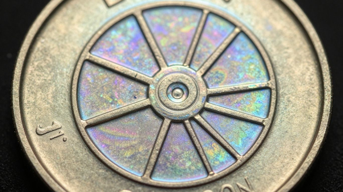 Cartwheel luster coin with iridescent sheen