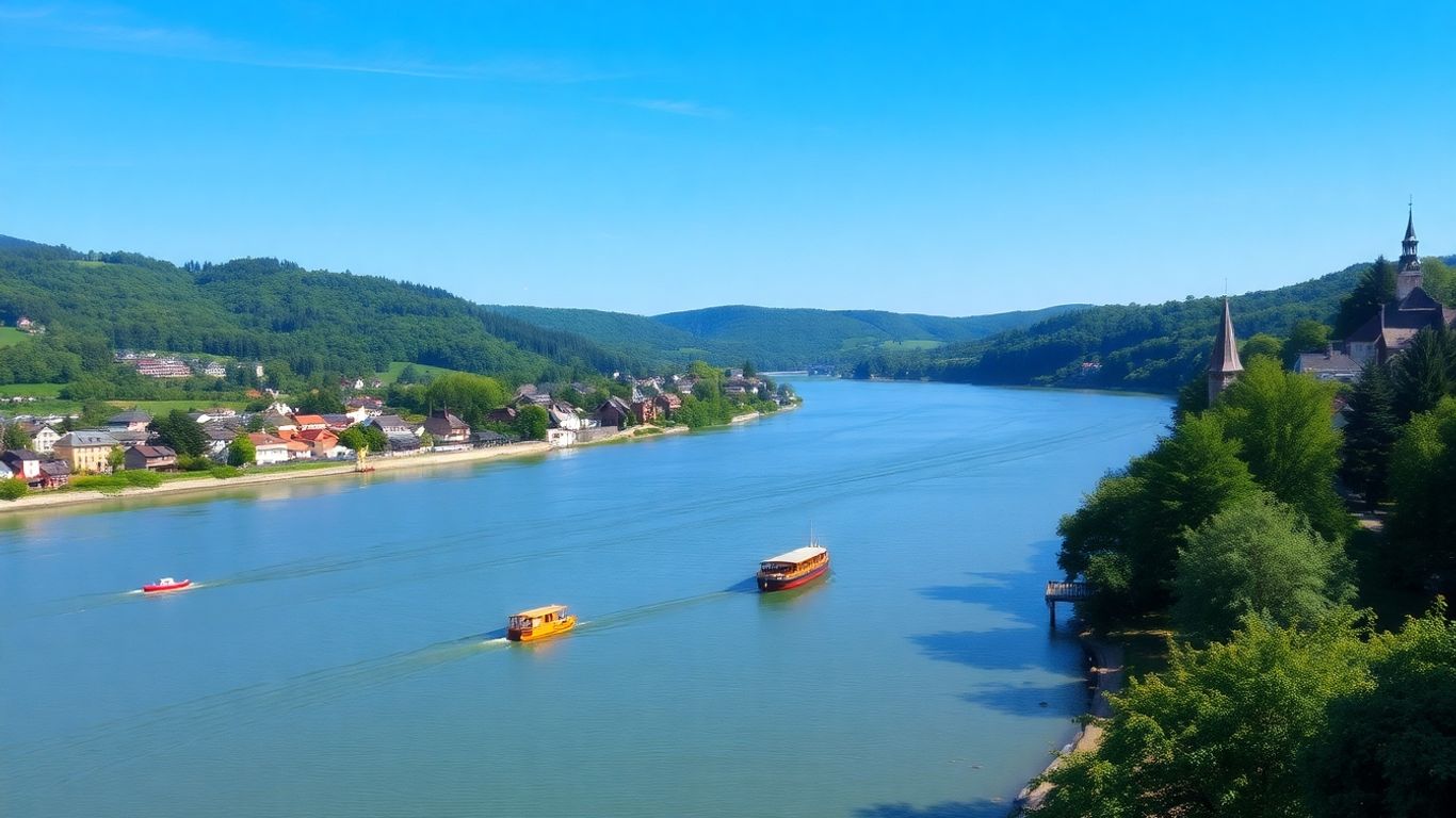 Rheinlandschaft mit Dorf und Fluss