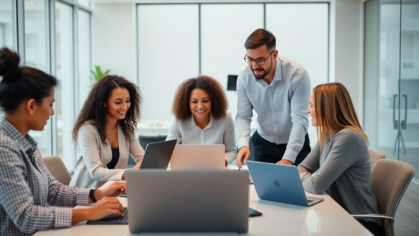 Business team using software in modern office workspace.