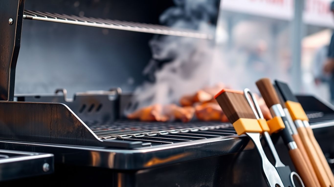 Competition BBQ grill setup with tools and rising smoke.