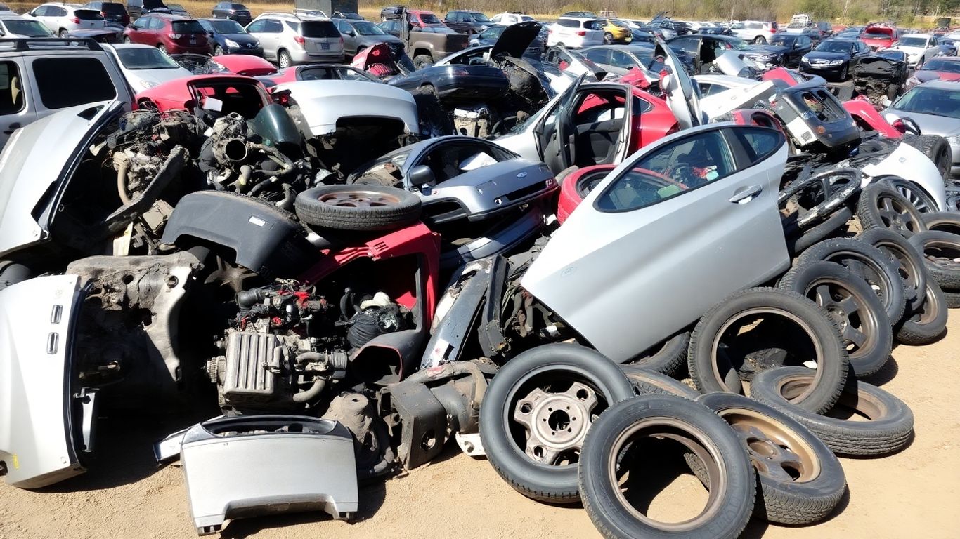 Ford car parts in a salvage yard