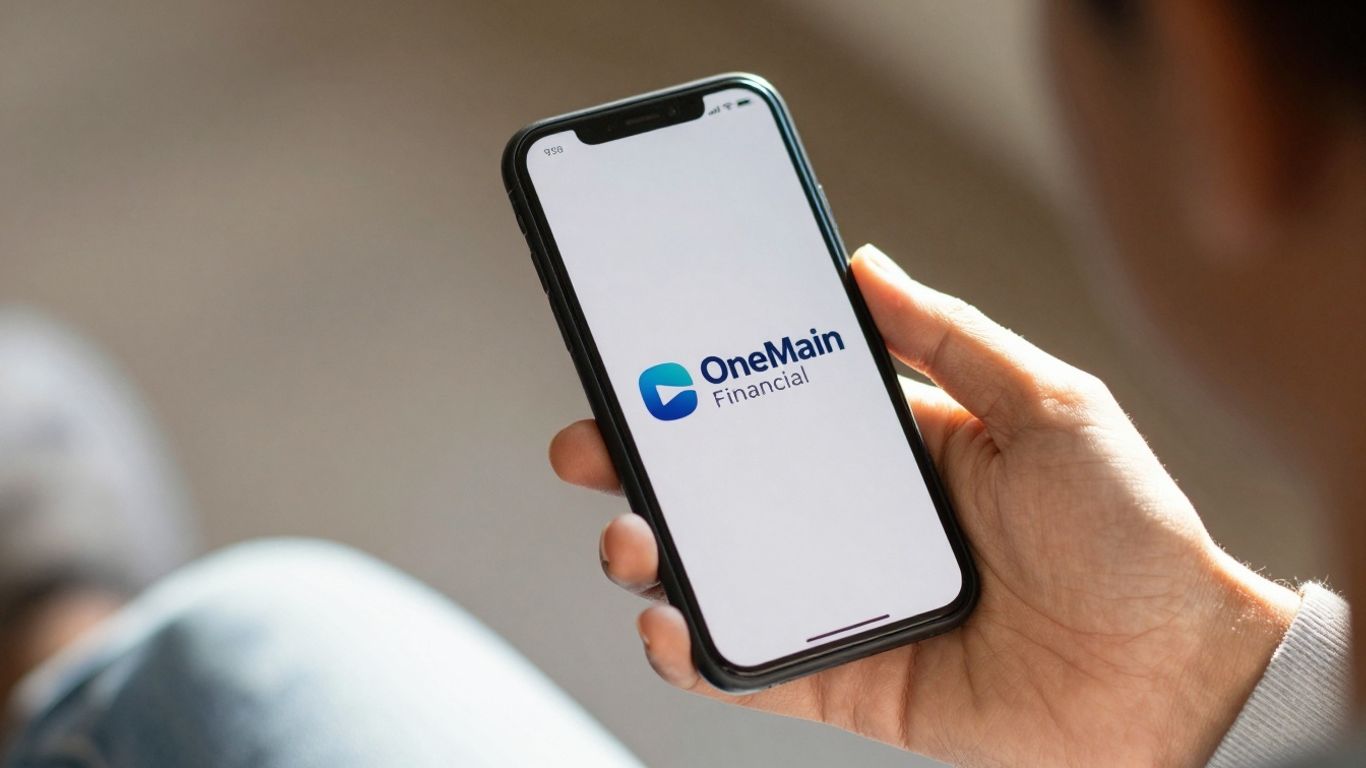 OneMain Financial logo on a smartphone screen.