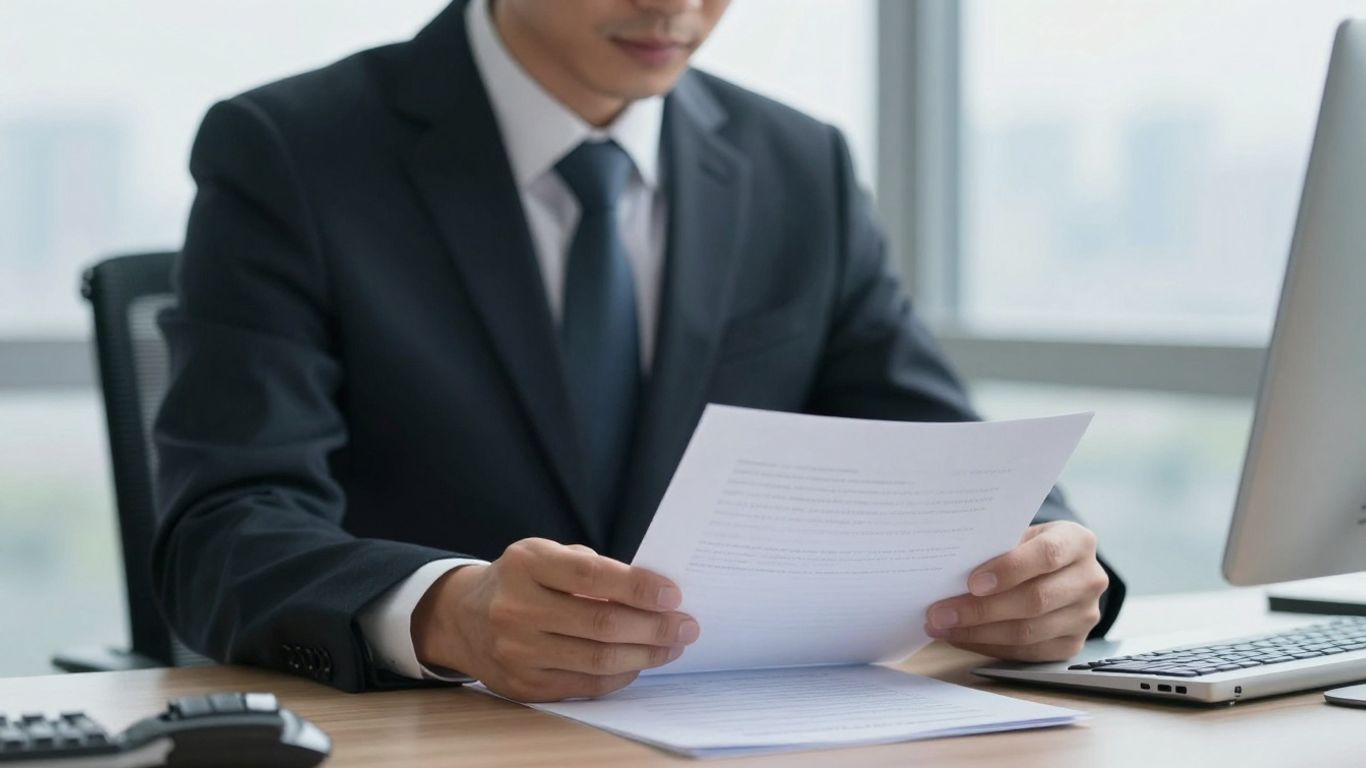 Business professional reviewing documents, cityscape background.