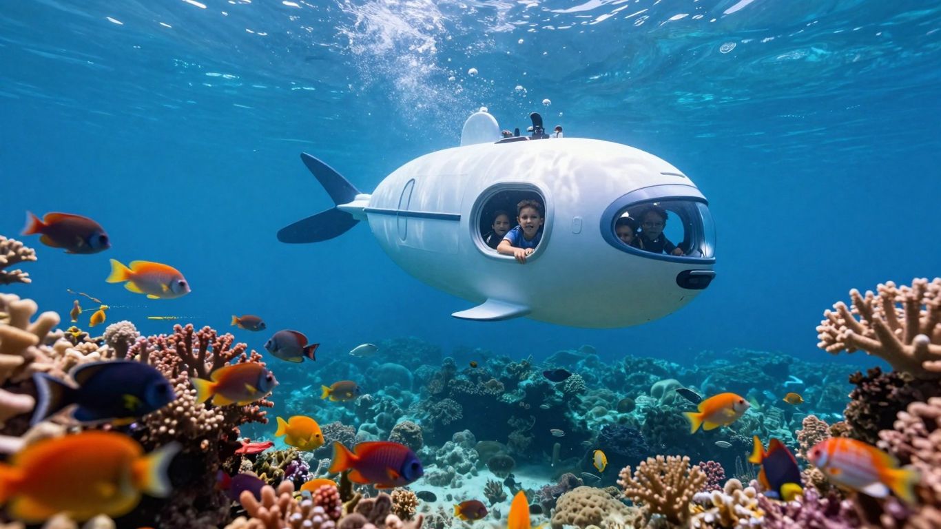 Submersible exploring a coral reef with children.
