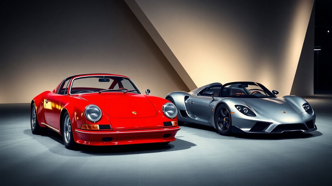 Porsche cars, classic and modern, at a reveal event.