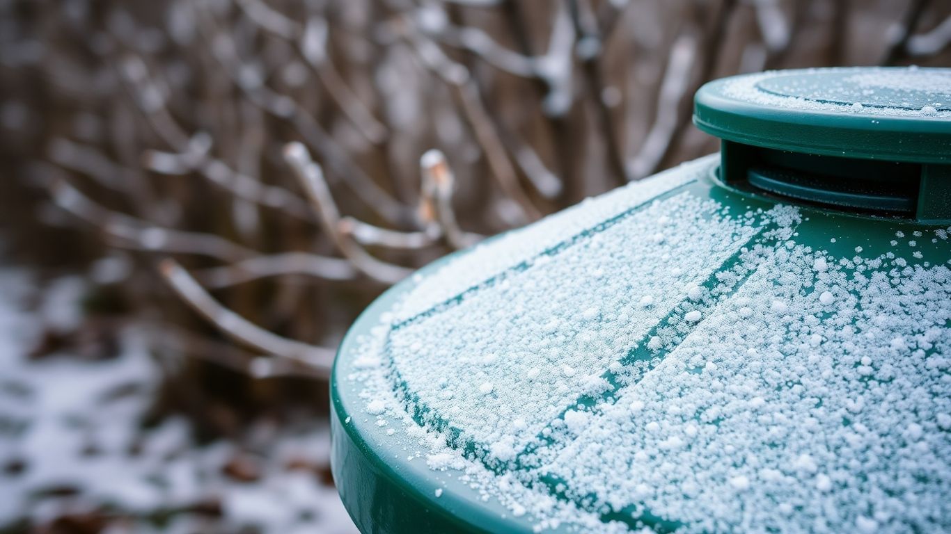 Biotonne im Winter mit Frost und Schnee bedeckt