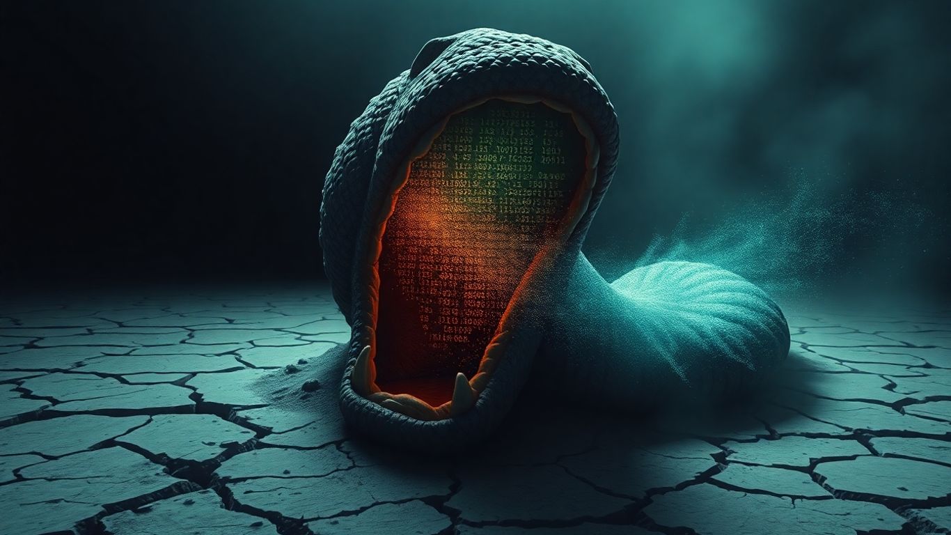 Giant sandworm devouring digital code, symbolizing a supply chain attack.