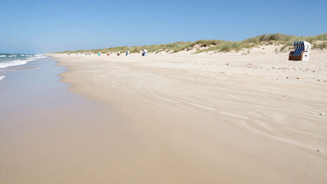 Sandy beach with dunes and gentle waves.