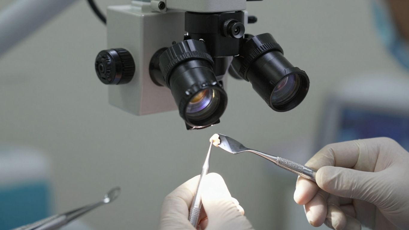 Dentist using microscope on patient's tooth.