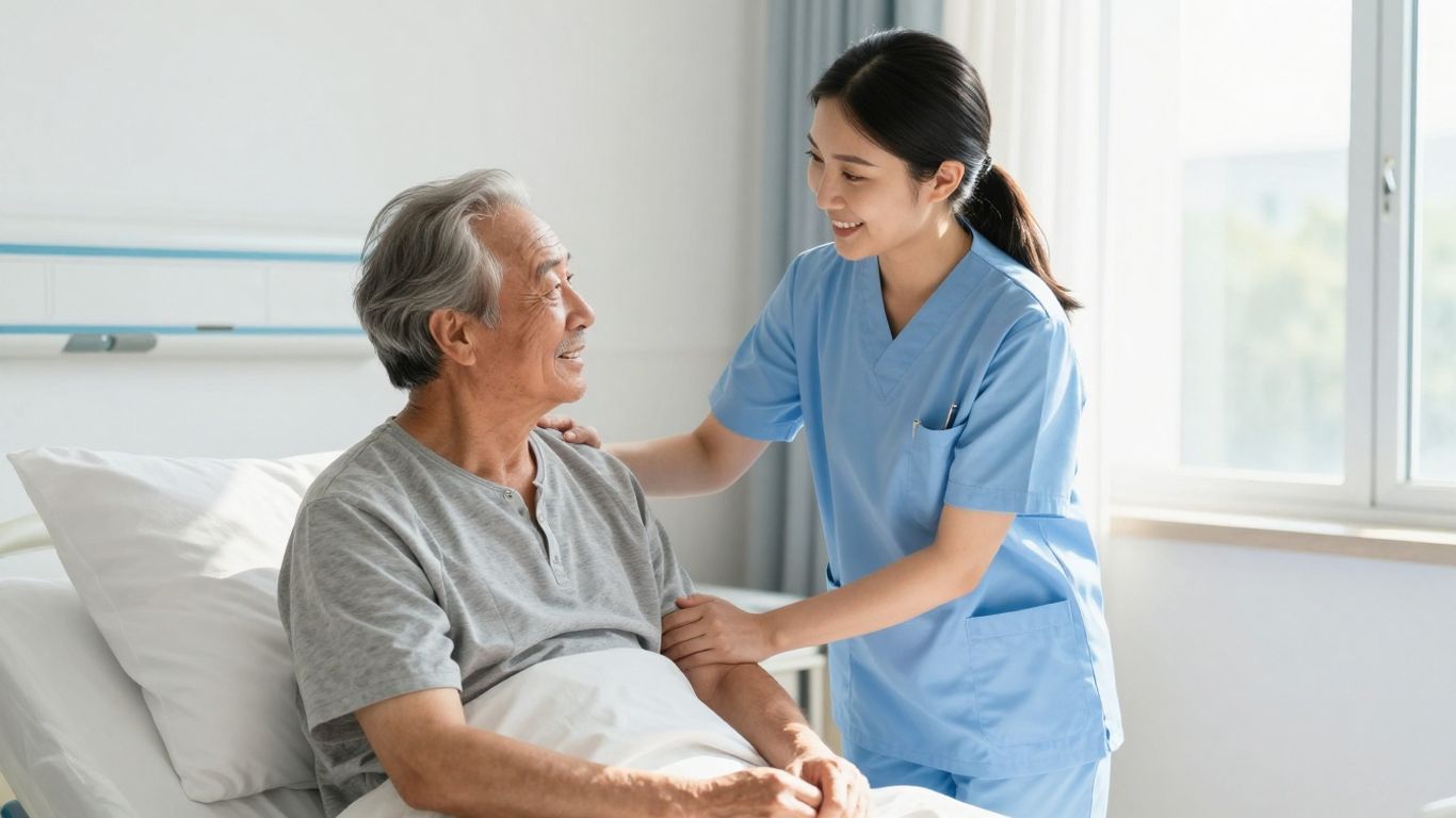 Nursing assistant caring for an elderly patient in a hospital.