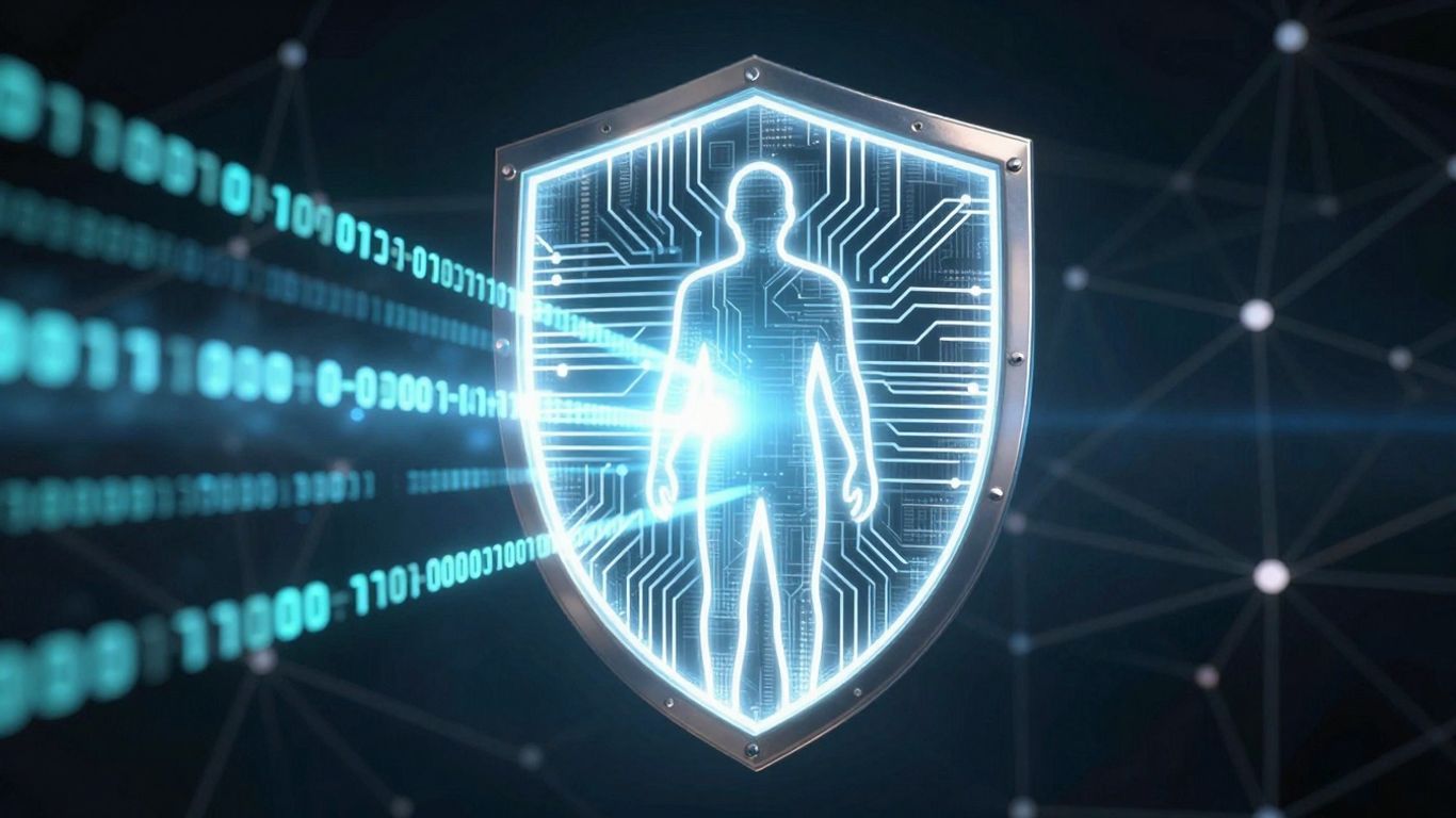 Digital shield protecting a person from cyber threats.