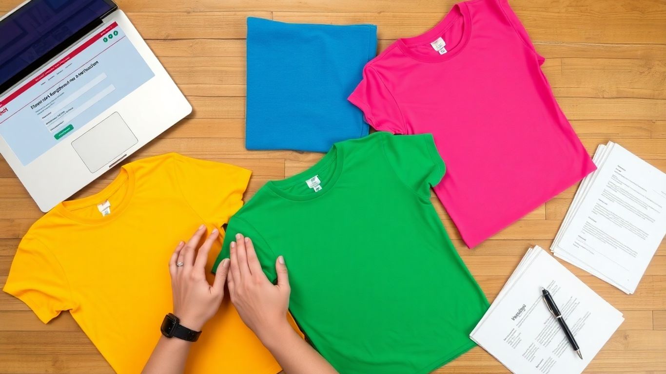 Hands arranging t-shirts and business setup items on a table.