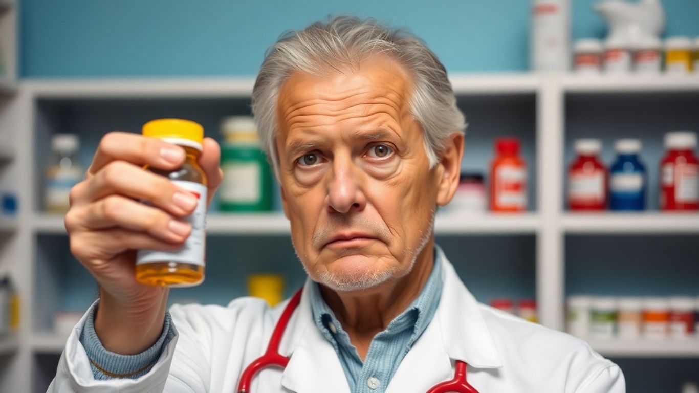 Pharmacien inquiet tenant une boîte de médicaments.