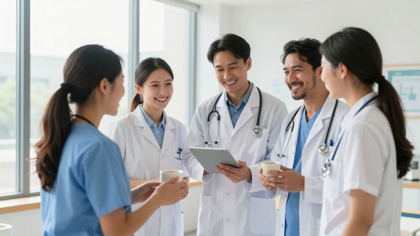 Zorgprofessionals die lachen en samenwerken in een ziekenhuis.