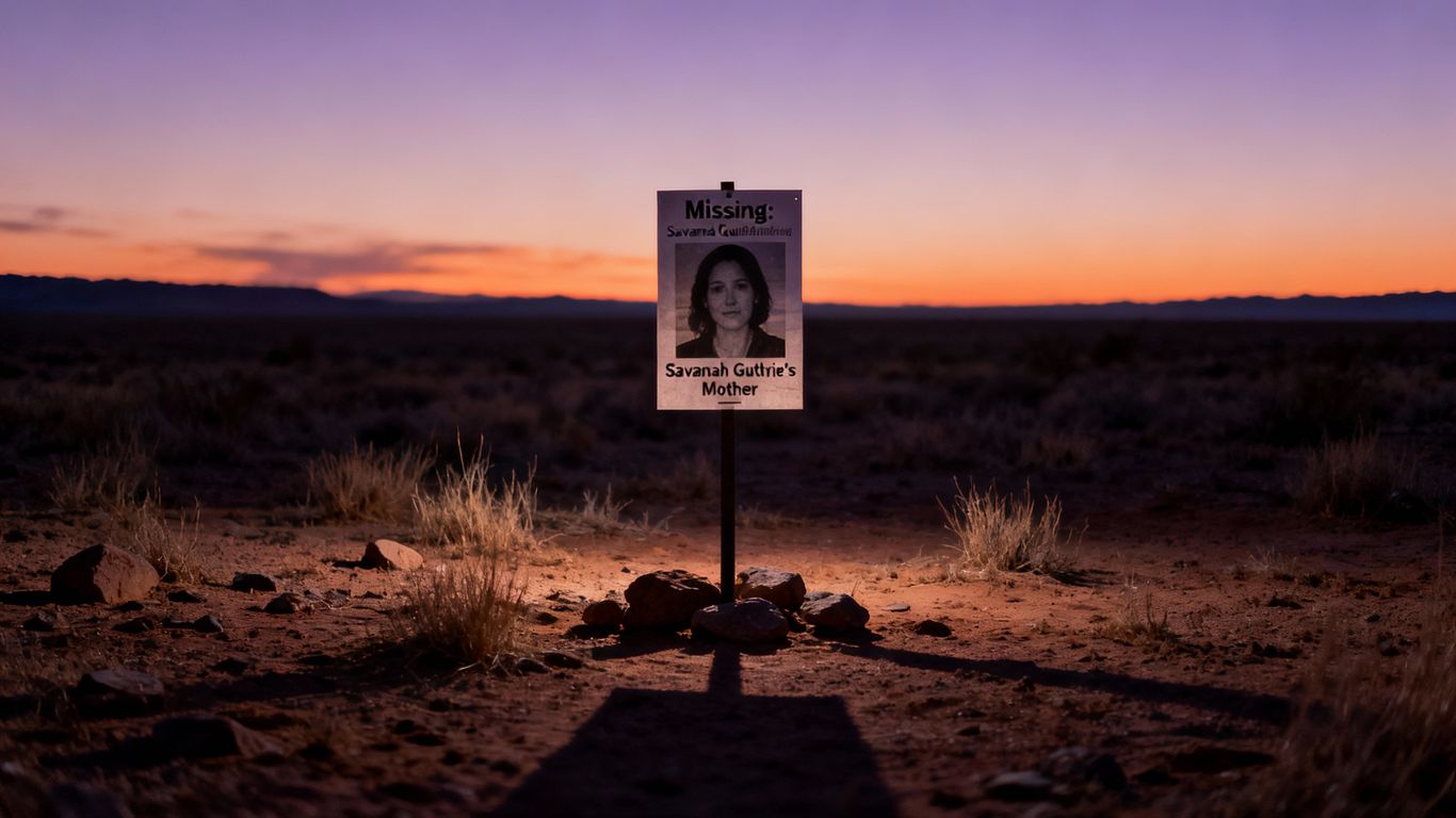 Desert landscape with missing person poster silhouette, [Savannah Guthrie]'s mother.