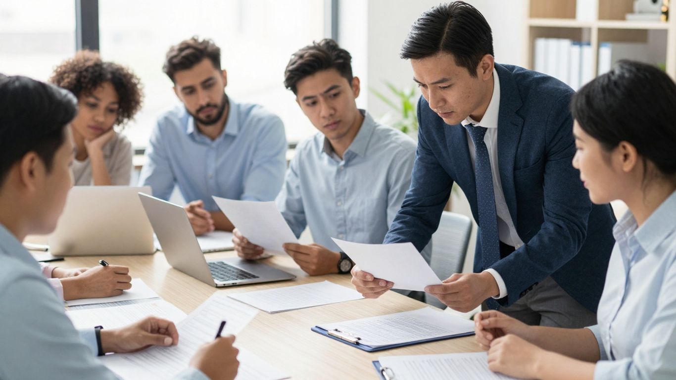 Manager and employees reviewing legal documents in an office.