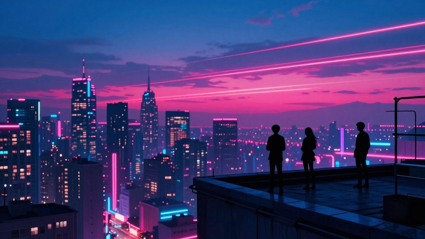 Neon cityscape with synthwave colors and silhouetted figures.