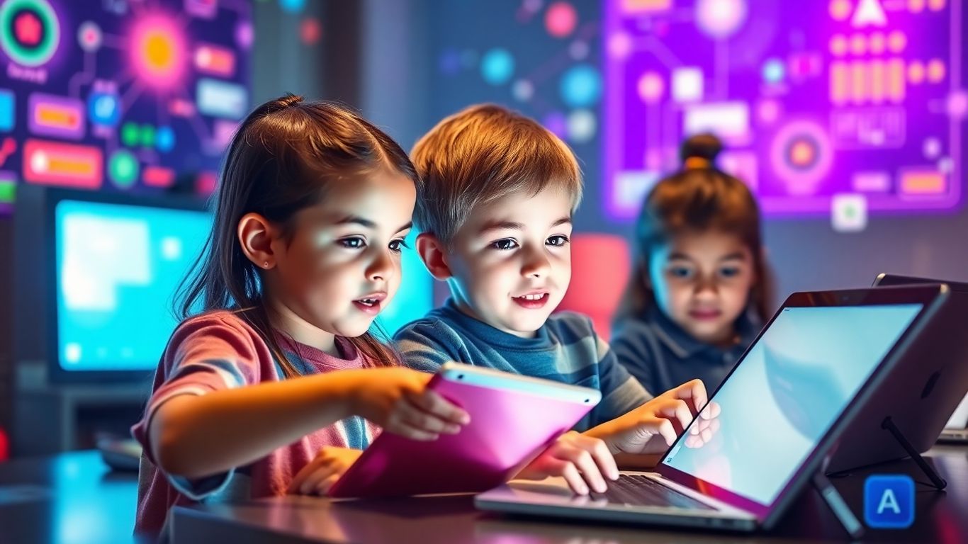 Copii entuziasmați dezvoltând aplicații pe laptopuri și tablete.