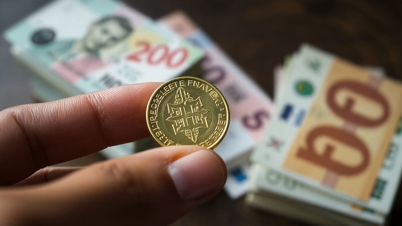 Gold coin held in hand with blurred money background.
