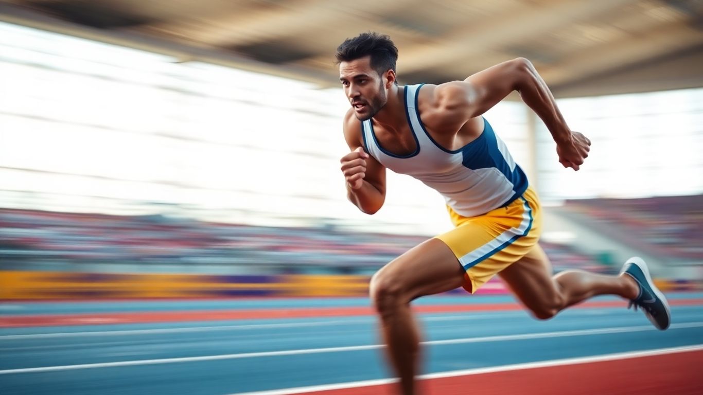 Athlète en pleine course sur une piste d'athlétisme.