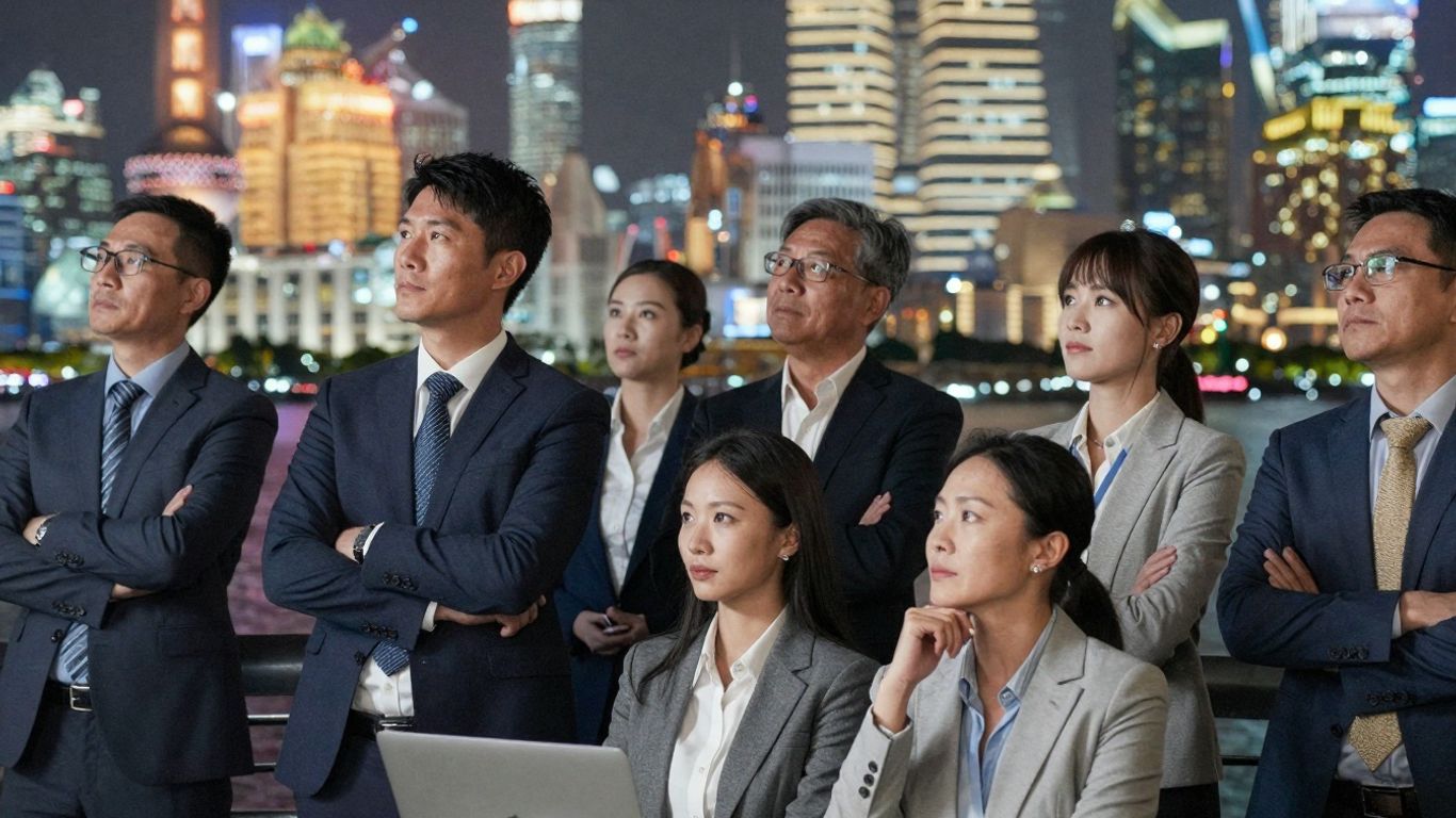 Business professionals in China with travel documents.