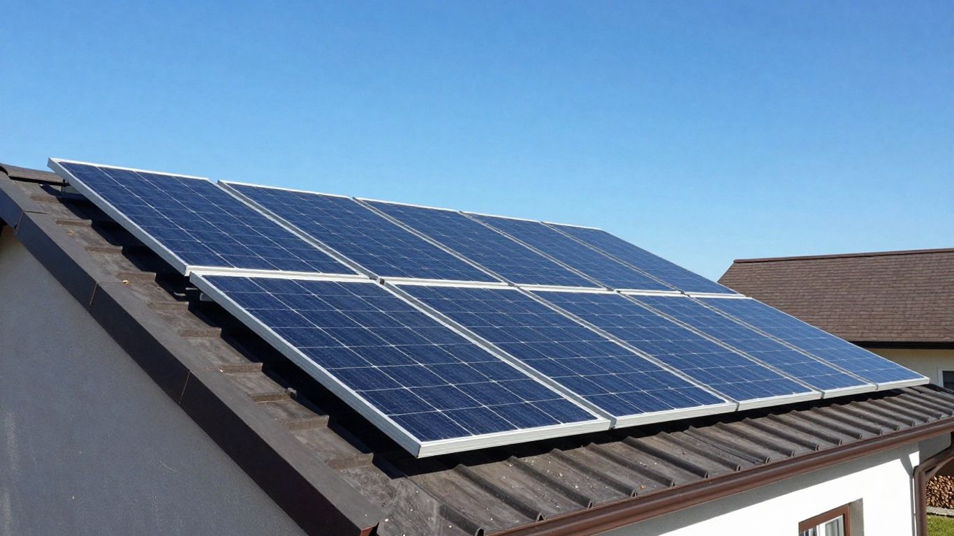 Solar panels on a roof under the sun.
