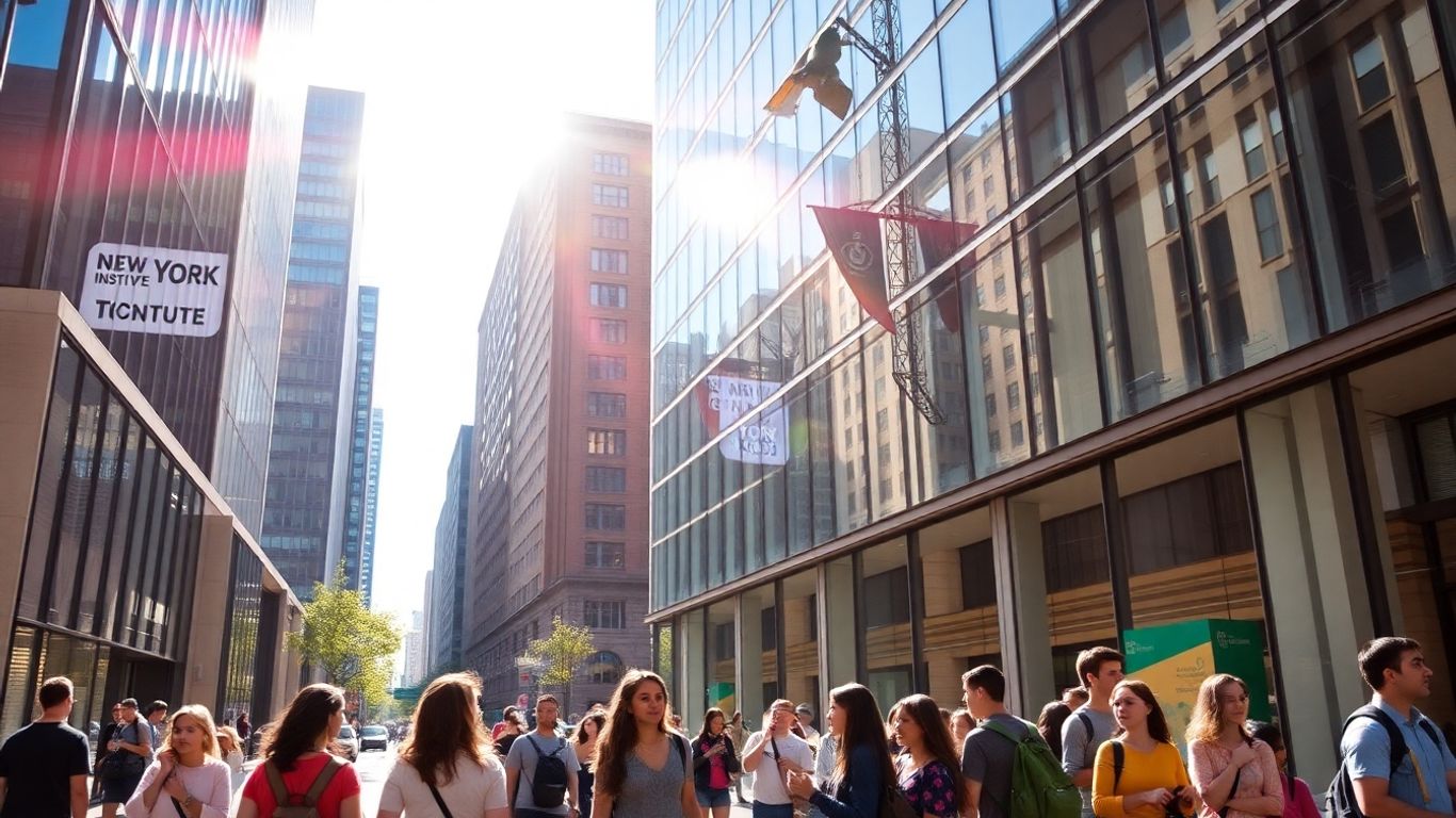 NYIT Manhattan campus with students and city backdrop.