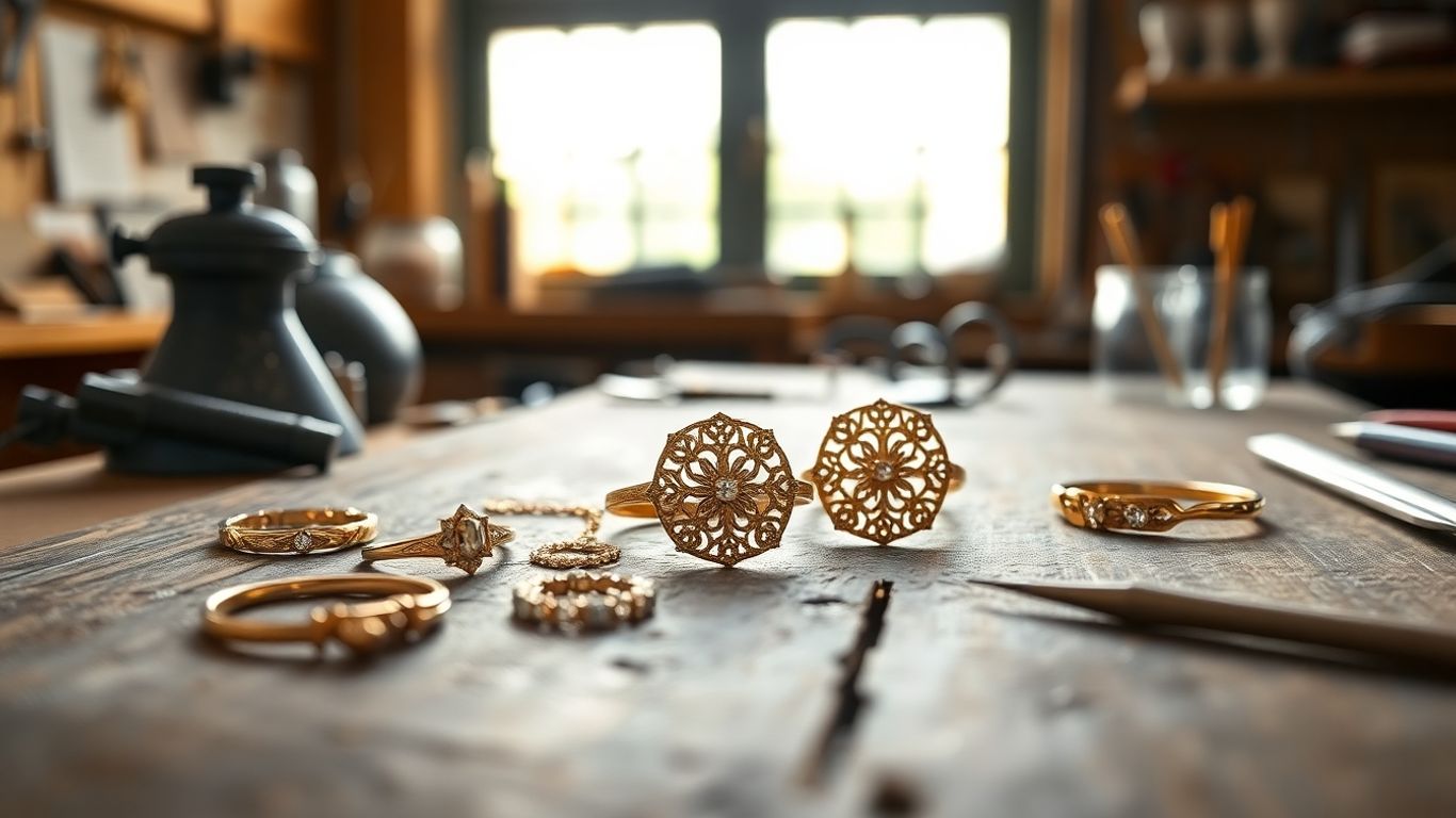 Bijoux en or artisanaux sur établi français éclairé.