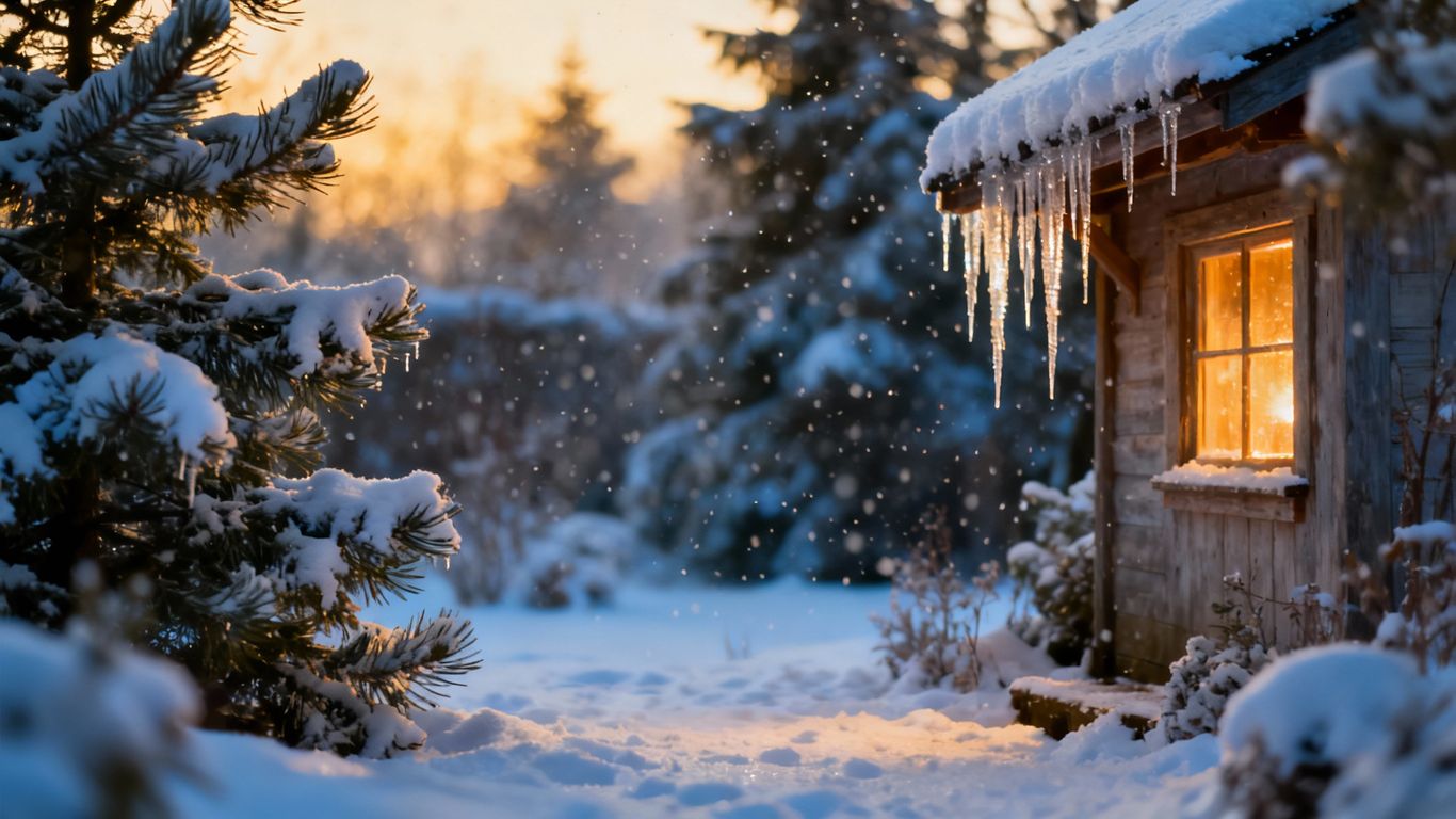 Cozy winter garden with snow and warm cabin glow.